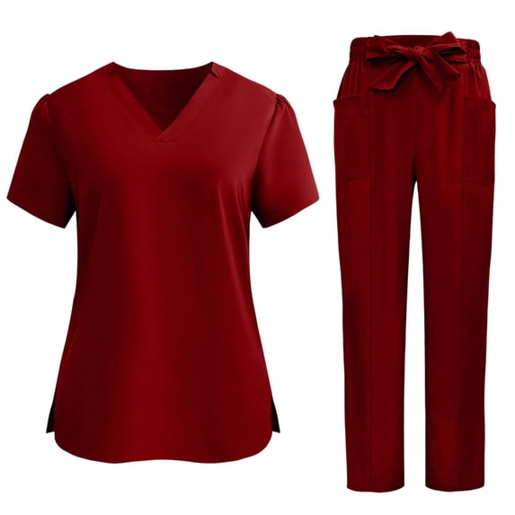Domzest Womens Scrub Sets V-neck Short Sleeve Top & Straight Leg Elastic Waist Pants Breathable Medical Uniform with Pocket Wine L