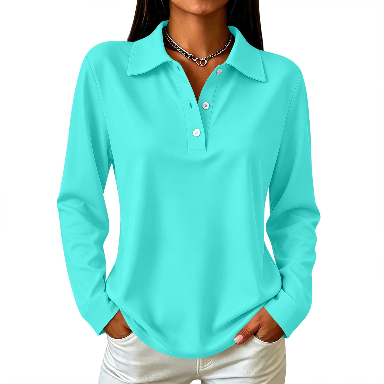 Turqoise Color Solid Domzest Womens Solid Color Lapel Collar Long Sleeve Polo Shirts Half ...