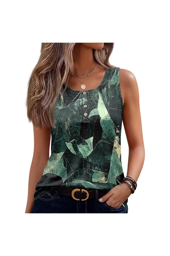 Womens Summer Tank Tops Loose Fit Sleeveless V Neck T Shirt Floral Print Henly Tunic Blouses Dark Green 2XL
