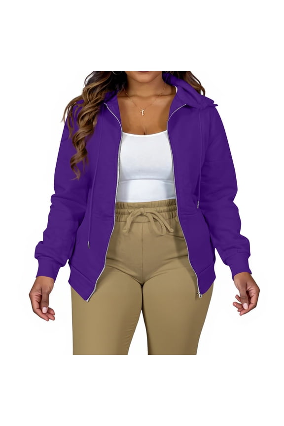 Womens Sweatshirt Full-Zip Long Sleeve 3X-5X Hooded Winter Light Loose Fit Fleece Drawstring Oversize Sweatshirts Y2k with Pocket Jackets Purple Large