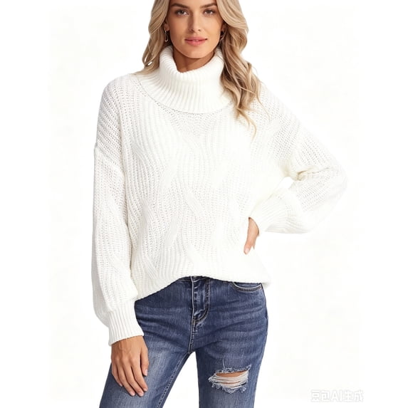 Domzest Womens Turtleneck Sweater Chunky Cable Knit Pullover Sweaters Long Sleeve Loose Fit Fall Winter Jumper Top White XXL