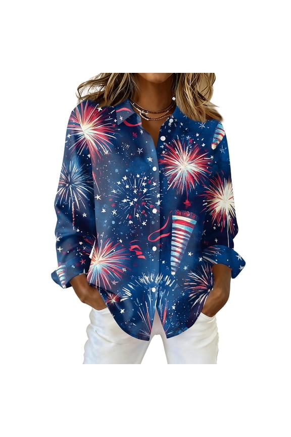 Womens Usa 250th Anniversary Shirt 4th Of July American Flag Elements Tshirts Patriotic Long Sleeve V Neck Butoon Down Shirts Navy 2XL