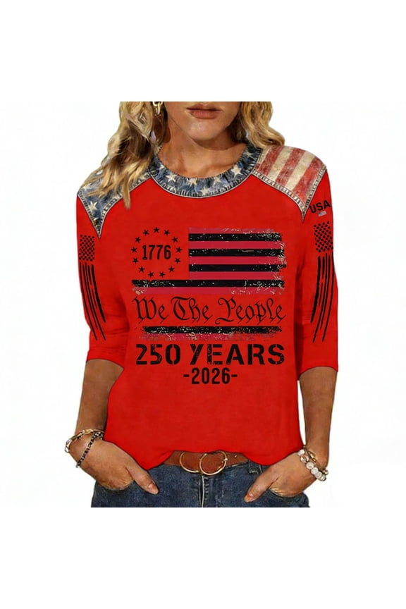 Womens Usa 250th Anniversary Shirt 4th Of July Graphic Shirts Patriotic Crew Neck 3/4 Sleeve Tshirts Red 5XL