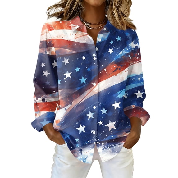 Domzest Womens Usa 250th Anniversary Shirt 4th Of July Graphic Tshirt Patriotic Long Sleeve V Neck Butoon Down Tshirts Light Blue L