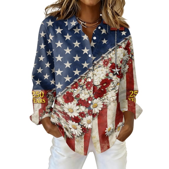 Domzest Womens Usa 250th Anniversary Shirt Patriotic V Neck Long Sleeve Butoon Down Shirt 4th Of July Graphic Tshirt Blue XL