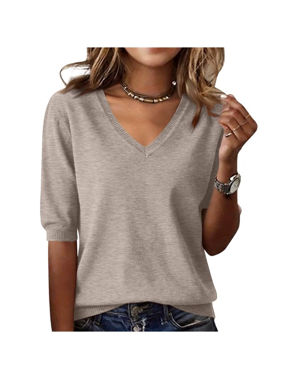 Womens V Neck 5/5 Sleeve Knit Sweater Loose Casual Pullover Soft Lightweight Elbow Length Sleeve Basic Tee Shirt Camel L