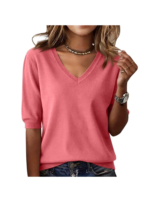 Womens V Neck 5/5 Sleeve Knit Sweater Loose Casual Pullover Soft Lightweight Elbow Length Sleeve Basic Tee Shirt Pink XL