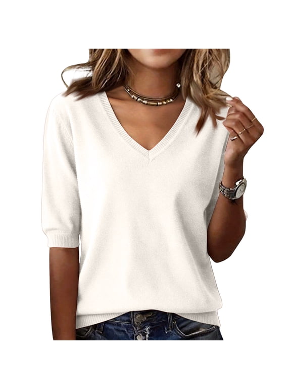 Womens V Neck 5/5 Sleeve Knit Sweater Loose Casual Pullover Soft Lightweight Elbow Length Sleeve Basic Tee Shirt White 2XL