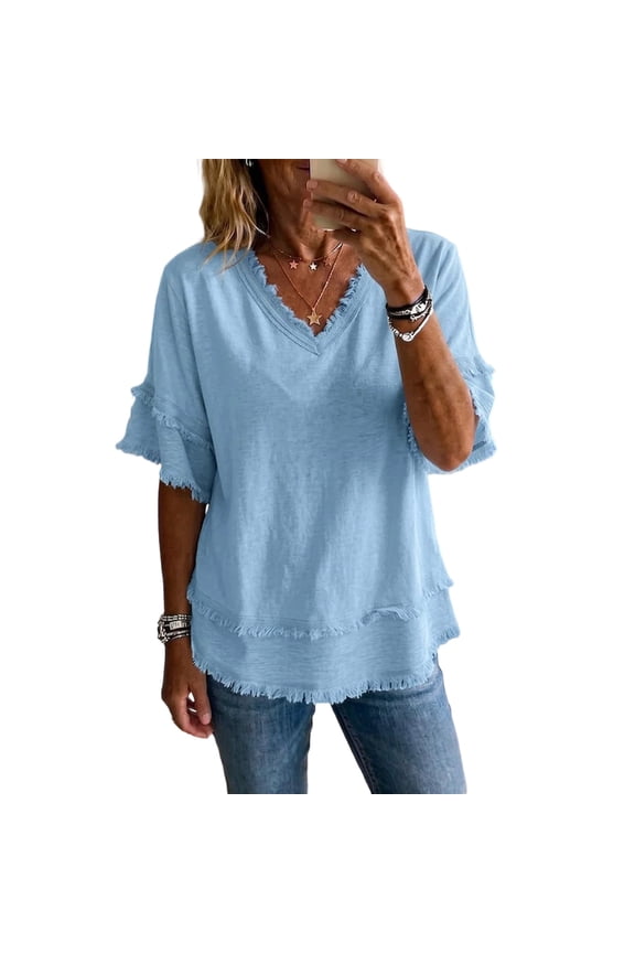 Womens V Neck Linen Shirts Short Sleeve Loose Fit Tops Basic Tees Cute Fringe Trim Solid Color Blouses Light Blue L
