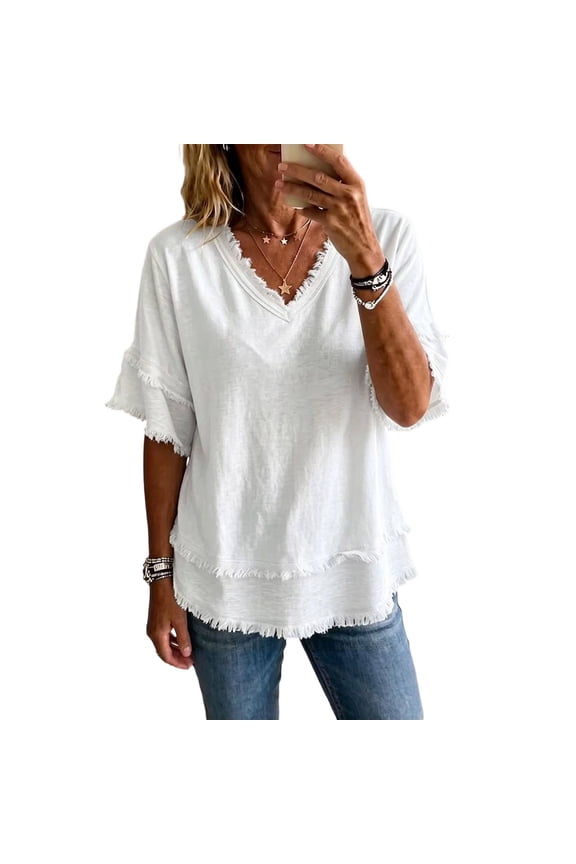 Womens V Neck Linen Shirts Short Sleeve Loose Fit Tops Basic Tees Cute Fringe Trim Solid Color Blouses White 3XL