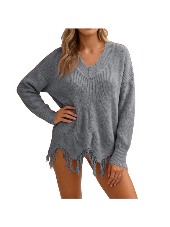 Womens V Neck Off Shoulder Kint Sweater Drop Shoulder Pullover Long Sleeve Asymmetrical Distressed Hem Sweater 2026 Fall Soft Pullover Blouse Gray 2XL