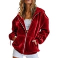 thumbnail image 1 of Domzest Womens Velour Zip Up Hoodies Oversized Full Zipper Long Sleeve Sweatshirts Fall Winter Casual Comfy Track Jackets with Pokets Red XXL, 1 of 6