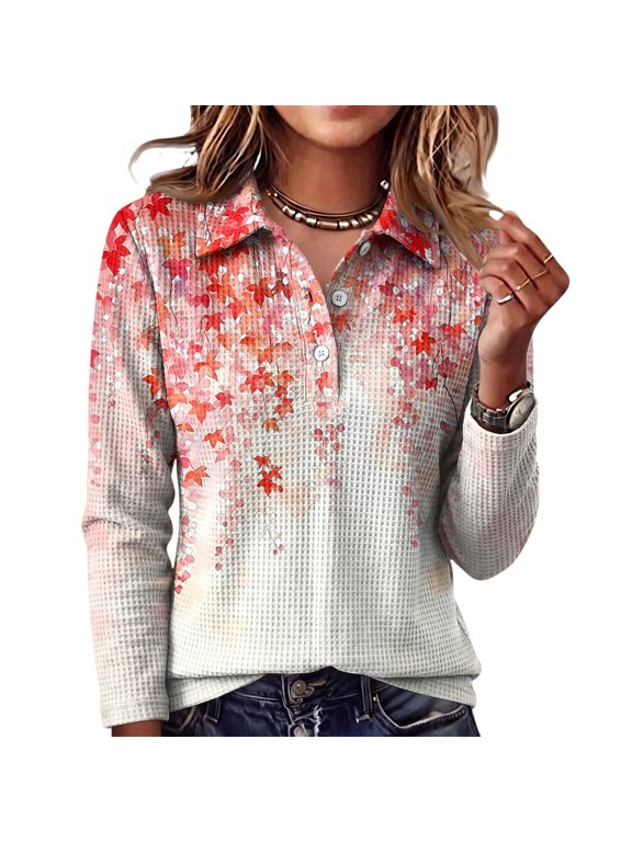 Womens Waffle Knit Long Sleeve Polo Shirt Autumn Maple Leaf Print Button Collar Casual Loose Fall Tops Red S