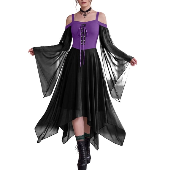 Domzest Womens Witch Dress Halloween Renaissance Gothic Costumes Cold Shoulder Butterfly Sleeve Mesh Asymmetrical Hem Gothic Outfit Dark Purple XL