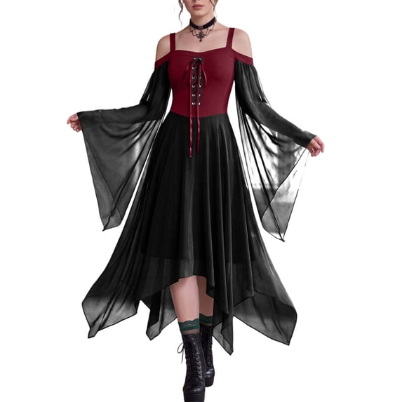 Domzest Womens Witch Dress Halloween Renaissance Gothic Costumes Cold Shoulder Butterfly Sleeve Mesh Asymmetrical Hem Gothic Outfit Deep Red XL