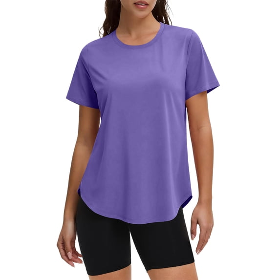 Domzest Womens Workout Clothes Quick Dry Short Sleeve Loose Fit T Shirts Breathable Gym Running Hiking Tops Purple 3XL