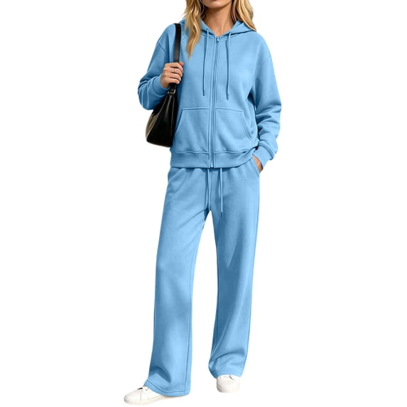 Domzest Womens Zip Up Hoodies Sweatsuits Long Sleeve Full-zip Hooded Sweatshirt & Wide Leg Sweatpants Fall Winter Athletic Tracksuits Light Blue M