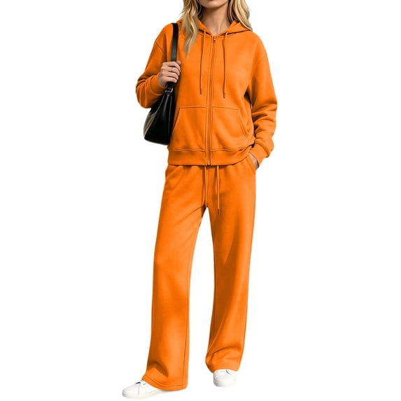 Domzest Womens Zip Up Hoodies Sweatsuits Long Sleeve Full-zip Hooded Sweatshirt & Wide Leg Sweatpants Fall Winter Athletic Tracksuits Orange M