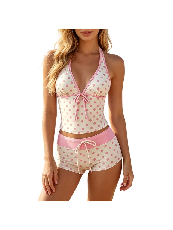 Y2k Vintage 2 Pieces Bikini Set Polka Dot Halter Tankini Top with Shorts 2026 Summer Vacation, Beach & Pool Swimsuit Set Light pink L