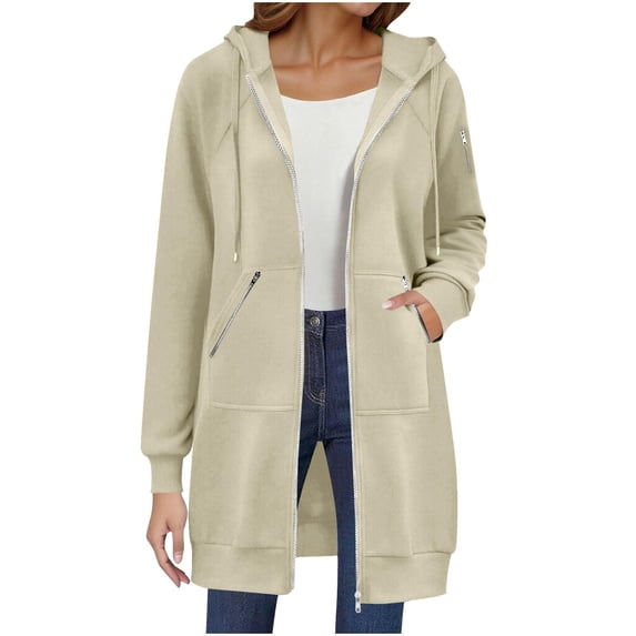 Domzest Zip Up Hoodie Women 2026 Fall Casual Long Tunic Sweatshirts Oversized Hooded Jacket Coat With Zipper Pockets Beige L