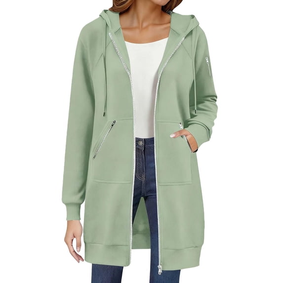 Domzest Zip Up Hoodie Women 2026 Fall Casual Long Tunic Sweatshirts Oversized Hooded Jacket Coat With Zipper Pockets Mint Green XL