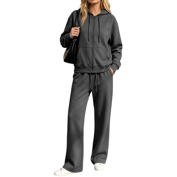 Domzest Zip Up Hoodies Sweatsuits Womens Long Sleeve Full-zip Hooded Sweatshirt & Wide Leg Sweatpants Fall Winter Athletic Tracksuits Dark Gray M