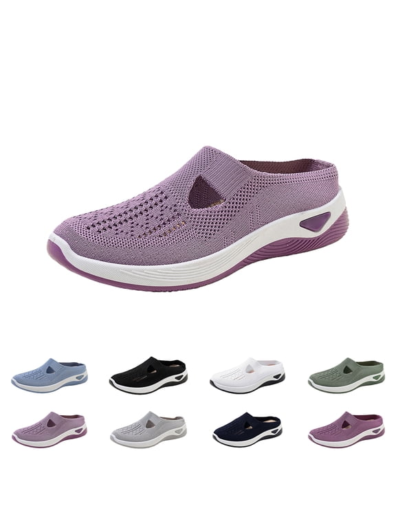 2026 Womens Breathable Knit Slip-On Walking Shoes Comfortable Summer Slip on Loafers Orthopedic Casual Backless Sneakers Dressy Flat Clogs Tennis Mules and Slide with Arch Support Purple