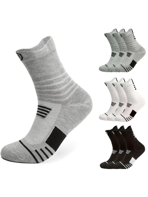Basketball Socks Compression Cushion Thick Cycling Athletic Crew Sock Arch Support, Breathable Mesh, Seamless Toe, Sports Tab, Moisture Wicking, Running Sock for Men Women Gray