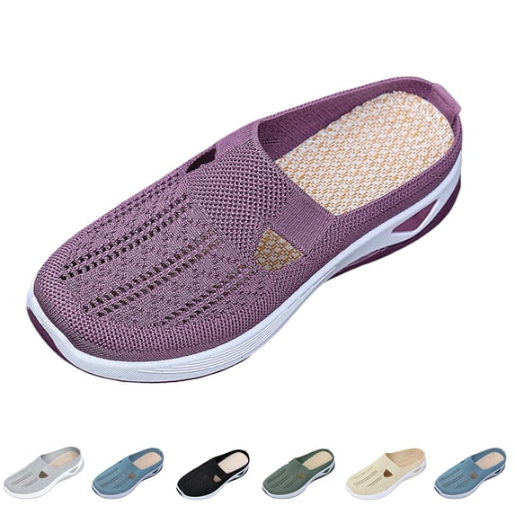 Domzle Breathable Slip On Backless Sneakers for Women Mesh Mules Toe Comfortable Non-Slip Orthopedic Walking Lightweight Open Back Tennis Shoes Purple
