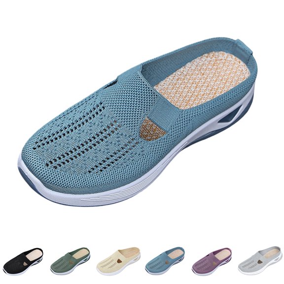 Domzle Breathable Slip On Backless Sneakers for Women Mesh Mules Toe Comfortable Non-Slip Orthopedic Walking Lightweight Open Back Tennis Shoes Sky Blue