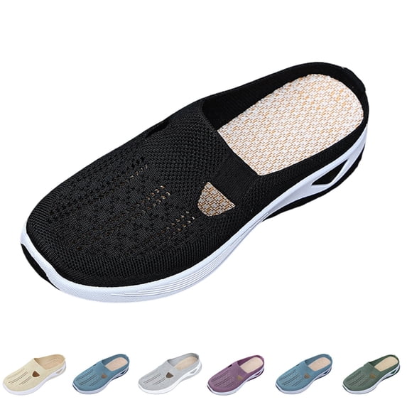 Domzle Breathable Slip On Backless Sneakers for Women Mesh Mules Toe Comfortable Non-Slip Orthopedic Walking Lightweight Open Back Tennis Shoes Black