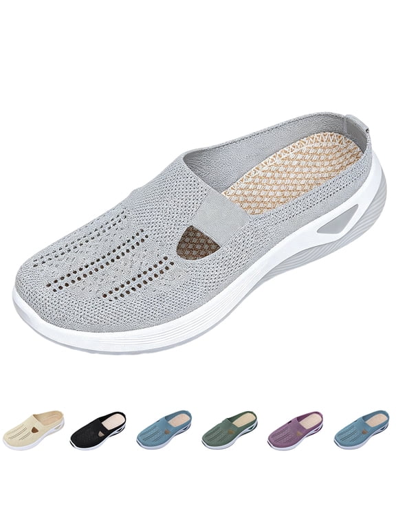 Breathable Slip On Backless Sneakers for Women Mesh Mules Toe Comfortable Non-Slip Orthopedic Walking Lightweight Open Back Tennis Shoes Gray