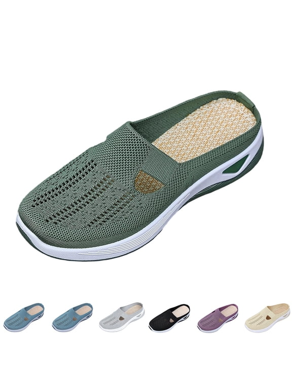 Breathable Slip On Backless Sneakers for Women Mesh Mules Toe Comfortable Non-Slip Orthopedic Walking Lightweight Open Back Tennis Shoes Green