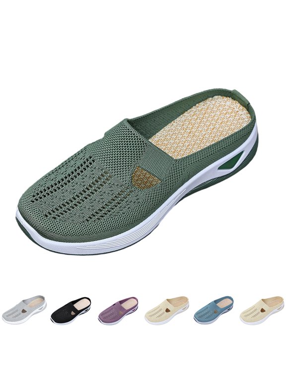 Breathable Slip On Backless Sneakers for Women Mesh Mules Toe Comfortable Non-Slip Orthopedic Walking Lightweight Open Back Tennis Shoes Green