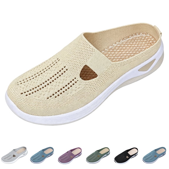 Domzle Breathable Slip On Backless Sneakers for Women Mesh Mules Toe Comfortable Non-Slip Orthopedic Walking Lightweight Open Back Tennis Shoes White