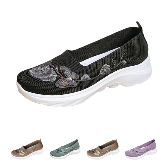 Domzle Butterfly Embroidered Loafers for Women Orthopedic Loafer Comfort Breathable Mesh Slip-On Walking Shoes with Arch Support Wide Walking Shoes Black