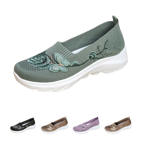 Domzle Butterfly Embroidered Loafers for Women Orthopedic Loafer Comfort Breathable Mesh Slip-On Walking Shoes with Arch Support Wide Walking Shoes Green