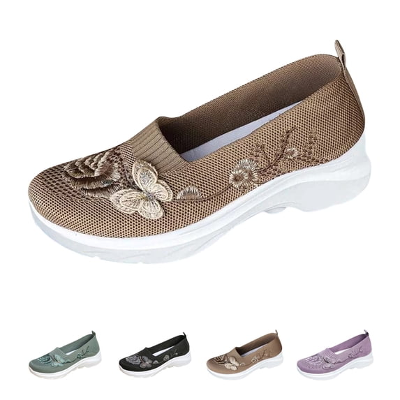 Domzle Butterfly Embroidered Loafers for Women Orthopedic Loafer Comfort Breathable Mesh Slip-On Walking Shoes with Arch Support Wide Walking Shoes Khaki