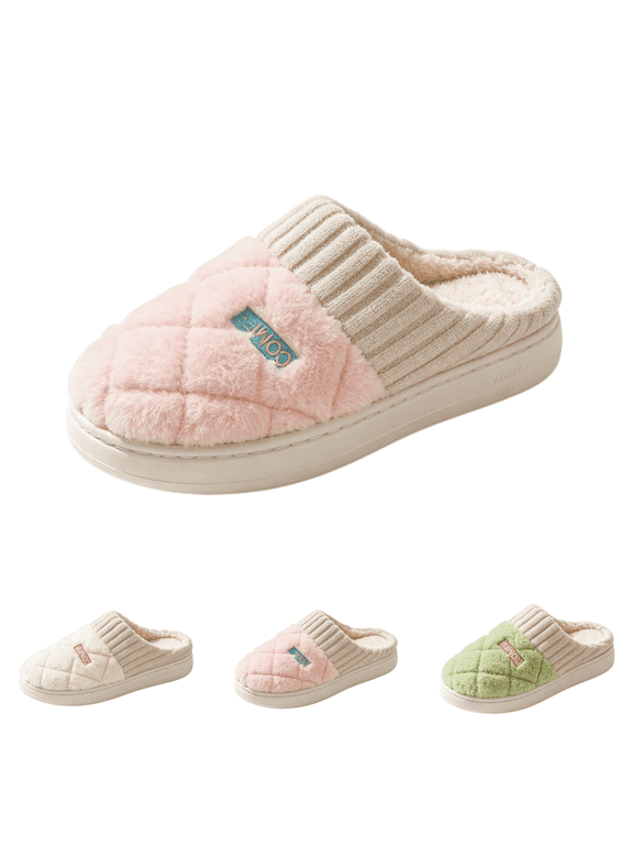 Casual Embroidered Letters Slippers for Women Winter Warm Plush Anti-Slip Closed Toe Indoor Slippers White