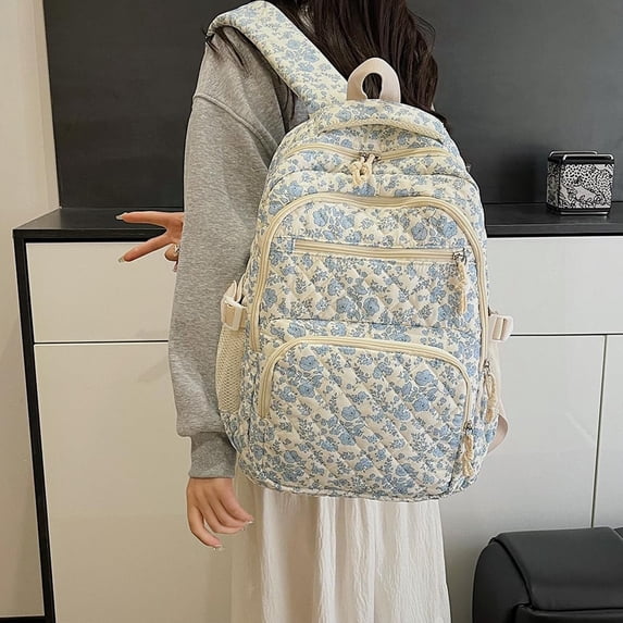 Domzle Cute Floral Kawaii Backpack Coquette Quilted Back Pack 3pcs Preppy Middle School Aesthetic Daypack Blue One Size