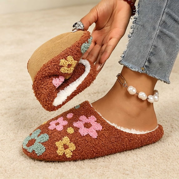 Domzle Cute Fuzzy House Slippers for Women Men Non-Slip Memory Foam Shoes Coffee US-7.5