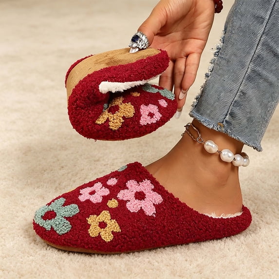 Domzle Cute Fuzzy House Slippers for Women Men Non-Slip Memory Foam Shoes Red US-5.5