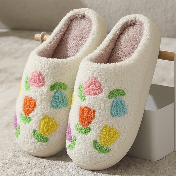 Domzle Cute Slippers for Women Men, Memory Foam Plush Fuzzy Slippers | Fluffy Lined, Floral Print, Anti-Slip Sole, Home Shoes Saffron Wide-6.5