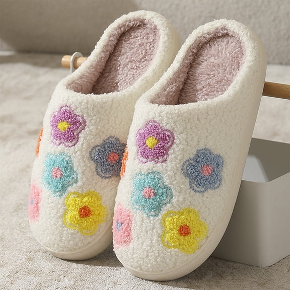 Domzle Cute Slippers for Women Men, Memory Foam Plush Fuzzy Slippers | Fluffy Lined, Floral Print, Anti-Slip Sole, Home Shoes Sky Blue Wide-9.5