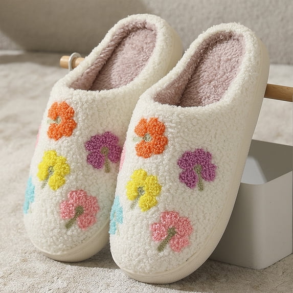 Domzle Cute Slippers for Women Men, Memory Foam Plush Fuzzy Slippers | Fluffy Lined, Floral Print, Anti-Slip Sole, Home Shoes Yellow Wide-9.5