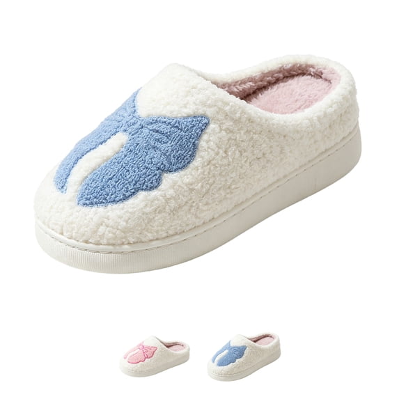 Domzle Cute Slippers for Women Men Memory Foam Plush Fuzzy Slippers Indoor Outdoor Bow Slippers Non-Slip Sole House Shoes Sky Blue 42