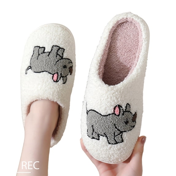 Domzle Embroidered Womens Mens Slippers Puffy Soft Comfortable Non Slip Slides Winter Indoor Flat Warm House Slippers Gray US-7.5