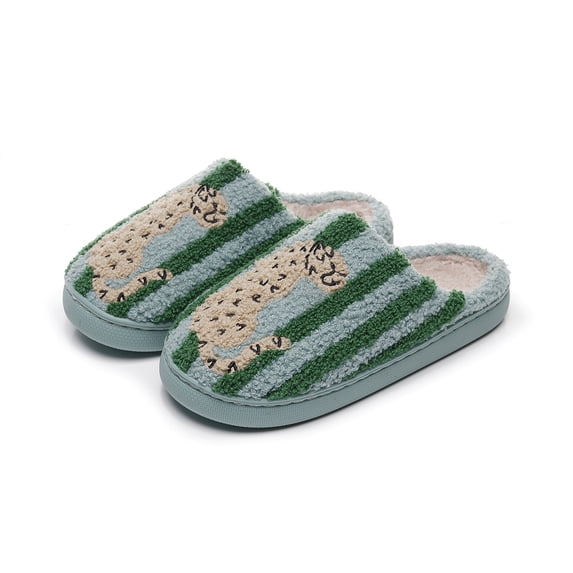 Domzle Embroidered Womens Mens Slippers Puffy Soft Comfortable Non Slip Slides Winter Indoor Flat Warm House Slippers Green Wide-7.5