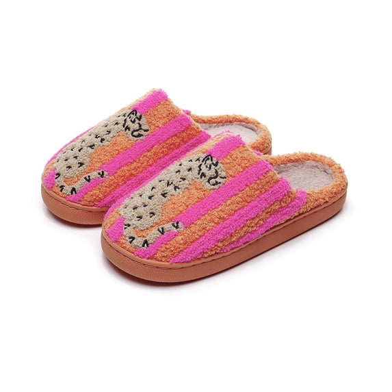 Domzle Embroidered Womens Mens Slippers Puffy Soft Comfortable Non Slip Slides Winter Indoor Flat Warm House Slippers Orange Wide-7.5