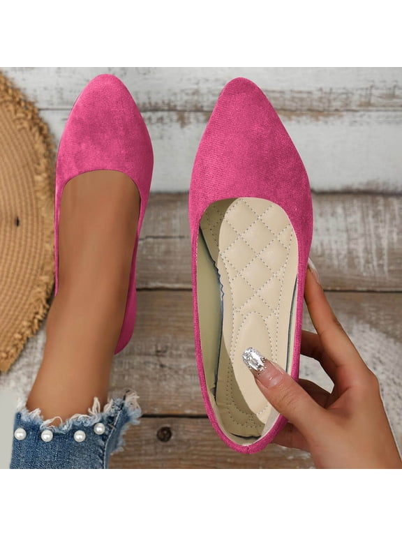 Flat Shoes for Women Slip On Comfortable Walking Ballerina Shoes Ladies Cute Ballet Flats Low Wedge Faux Suede Pointed Toe Pumps Shoes Hot Pink